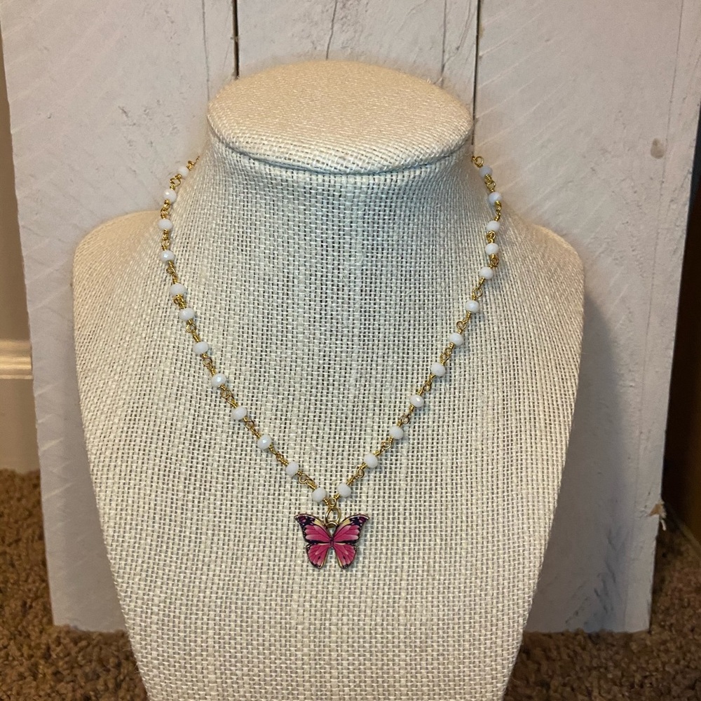 Pink butterfly necklace